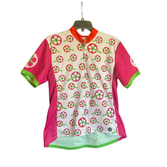 Aero Tech Designs Women’s Cycling Jersey Pink/Green Gears Designs Size Large - Picture 1 of 6